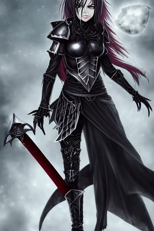 Image similar to full portrait, female vampire knight in black heavy armor, well - protected, metal mask, tall gladiator sandals, barefoot, giant two - handed sword covered in blood, enchanting, mysterious, elegant, levitating, good lighting, realistic proportions, reasonable fantasy, ghostblade, wlop