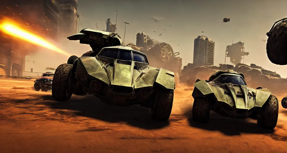 Image similar to macro closeup photo of halo warthogs being chased in a post apocalyptic city, 3 pm, smoke, dust, embers, mad max, action, speed, rocket league, volumetric lighting, hdr, need for speed, gta 5, ridley scott, syd mead, craig mullins, cinematic, octane