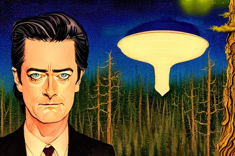 Image similar to a hyperrealist watercolour character concept art portrait of kyle maclachlan from twin peaks on well lit night in the forest with city lights. a ufo is in the background. by rebecca guay, michael kaluta, charles vess and jean moebius giraud