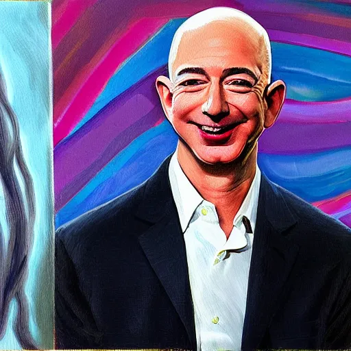 Image similar to painting of Jeff Bezos with very very very long hair hair on his head