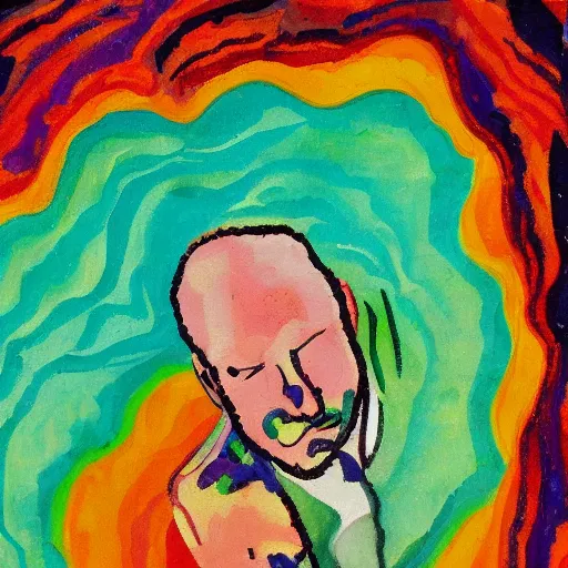 Image similar to a fauvist painting of an aerial view of a man at the bottom of a deep hole on the beach at night