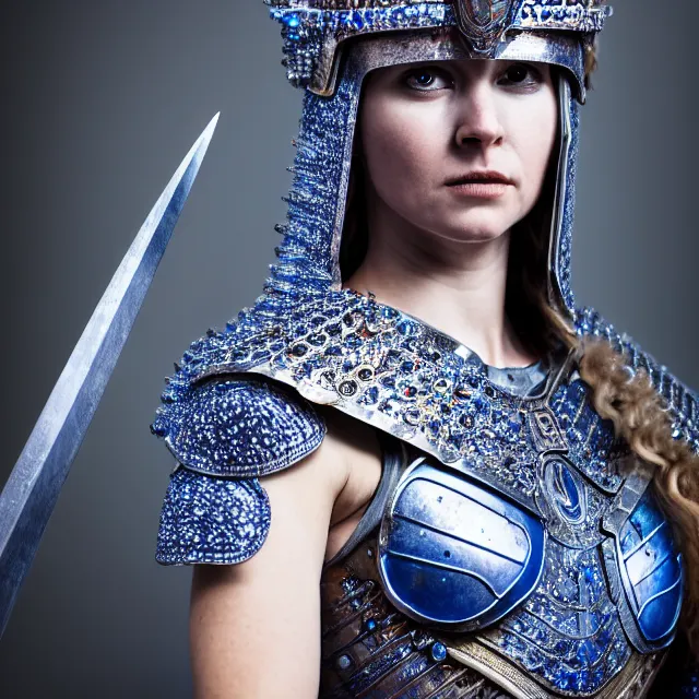 Image similar to full length photo of a beautiful warrior queen wearing sapphire encrusted armour, highly detailed, 8 k, hdr, smooth, sharp focus, high resolution, award - winning photo