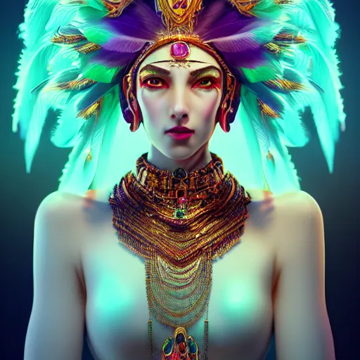 Image similar to portrait highly detailed beautiful symmetrical face high priestess intricate elegant detailed crystal jewellery with tribal feathers, lush colourful volumetric lighting, anime digital painting, concept art, smooth, sharp focus 3 d, divine realm of gods, realistic cinematic style, octane render, photographic, unreal engine 8 k