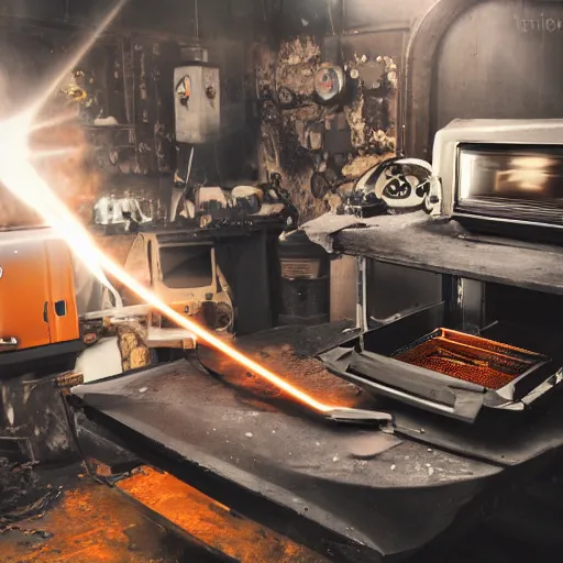 Image similar to cyborg toaster oven repairman, dark messy smoke - filled cluttered workshop, dark, dramatic lighting, orange tint, sparks, plasma rays, cinematic, highly detailed, sci - fi, futuristic, movie still, rule of thirds composition