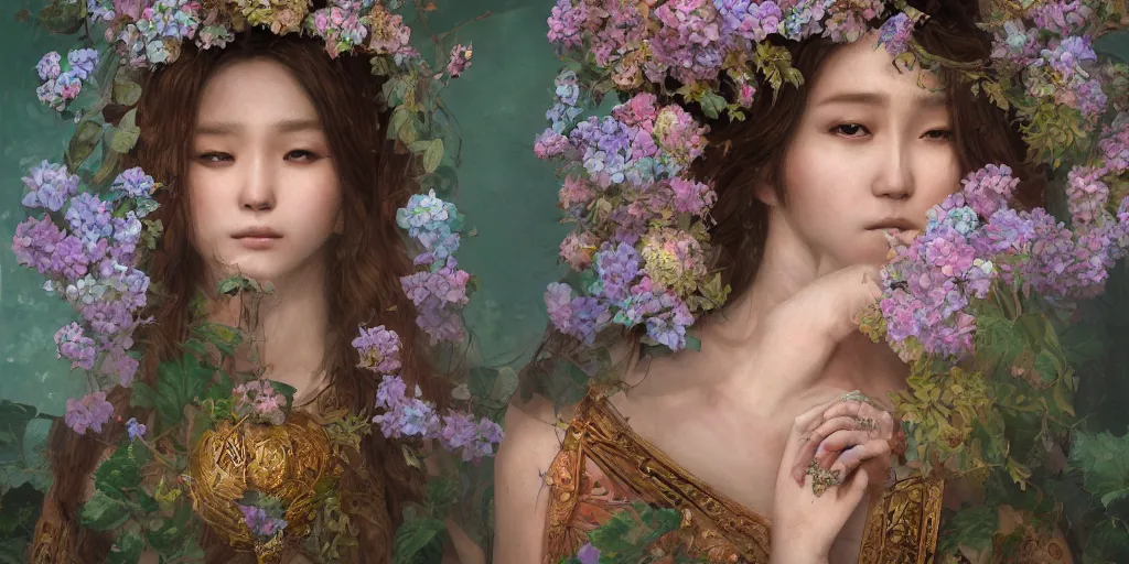 Prompt: breathtaking detailed concept art painting portrait of the goddess of hydrangea flowers, orthodox saint, with anxious piercing eyes, ornate background, amalgamation of leaves and flowers, by hsiao - ron cheng, extremely moody lighting, 8 k