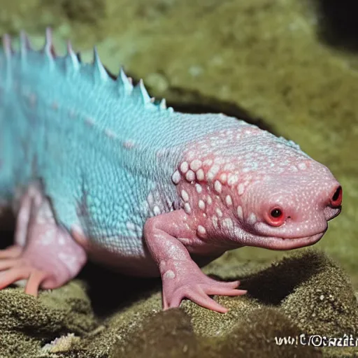 Image similar to a cute axolotl and dinosaur hybrid