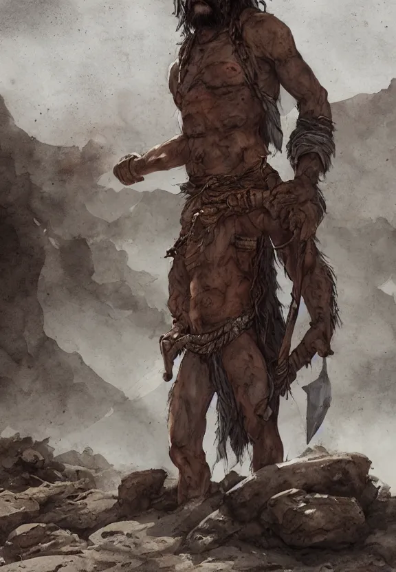 Image similar to a solitary randy savage with an anchor slung over his shoulder alone in a rocky desolate wasteland | portrair | fantasy watercolour painting | middle earth | pathfinder | artstation | conan | darksun | d & d dungeons and dragons | barbarian