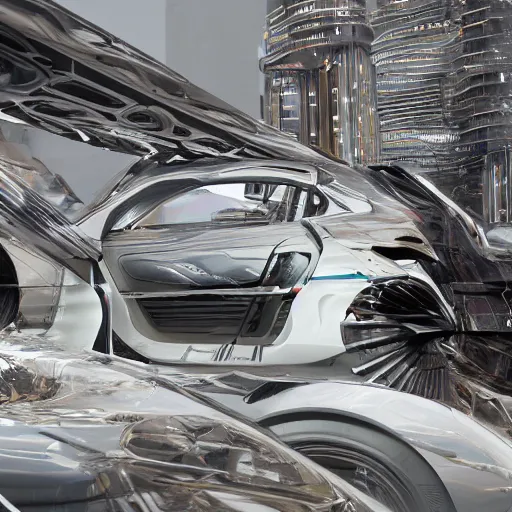 Image similar to car : motherboard forms designed by zaha hadid, a bit of graffiti forms sci-fi futuristic ultra realistic photography, keyshot render, octane render, unreal engine 5 render, high oiled liquid glossy specularity reflections, ultra detailed, golden hour, dramatic lighting 4k, 8k, 16k in the style ofblade runner 2049 Cyberpunk 2077 ghost in the shell thor 2 marvel film : tilt shift: sharp focus