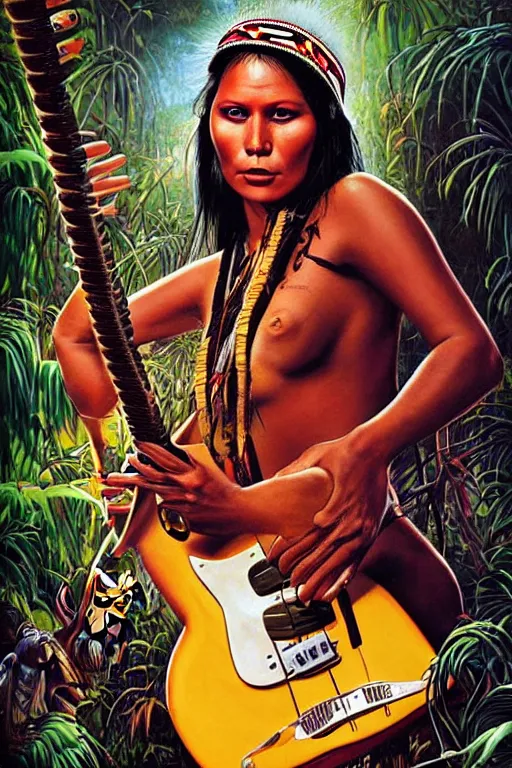 Prompt: an indigenous beautiful woman with playing with a fender guitar in the jungle, marshall jvm 2 0 5 c, poster art by daniele caruso, benediktus budi, jason edmiston, vc johnson, powell peralta, volumetric light, fog