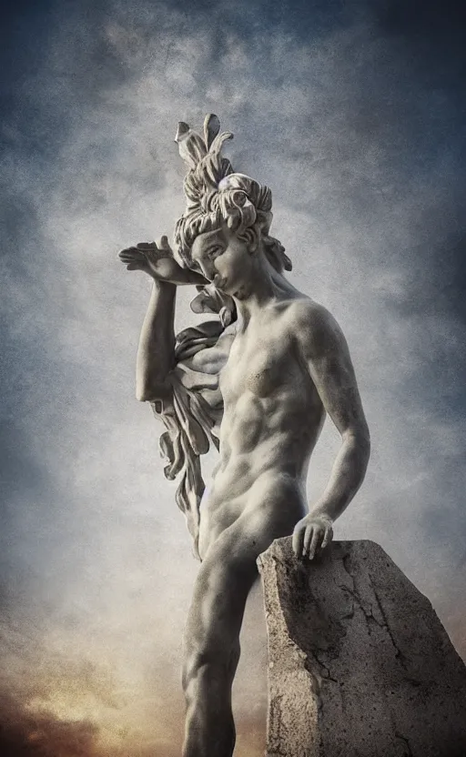 Image similar to a grecque statue, realistic and abstract at the same time, photographic, cinematic lighting, digital art,