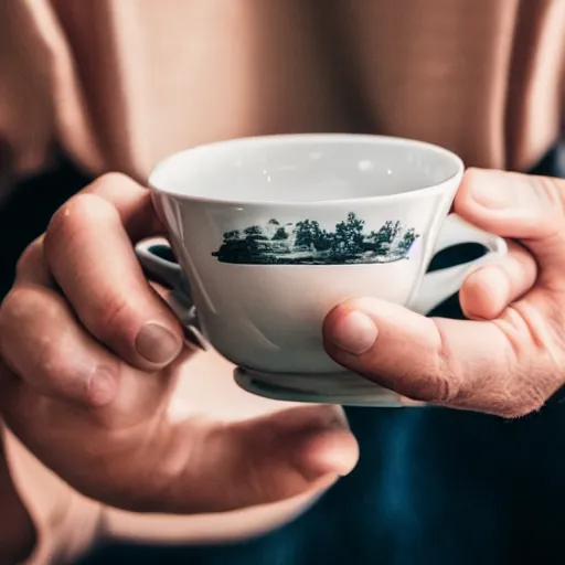 Image similar to full-body photograph of a man with a teacup for a head, hd, 4k