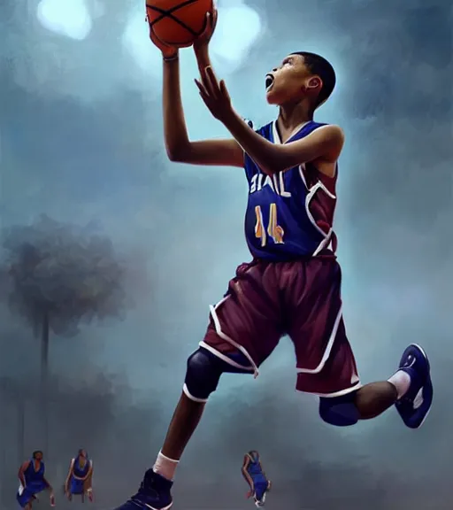 Image similar to portrait of a boy at a basketball court playing basketball wearing a basketball uniform in a basketball court attempting to score, intense emotion, detailed facial expression, detailed surroundings, intricate, elegant, highly detailed, centered, digital painting, artstation, concept art, smooth, sharp focus, illustration, by Peter Mohrbacher, WLOP