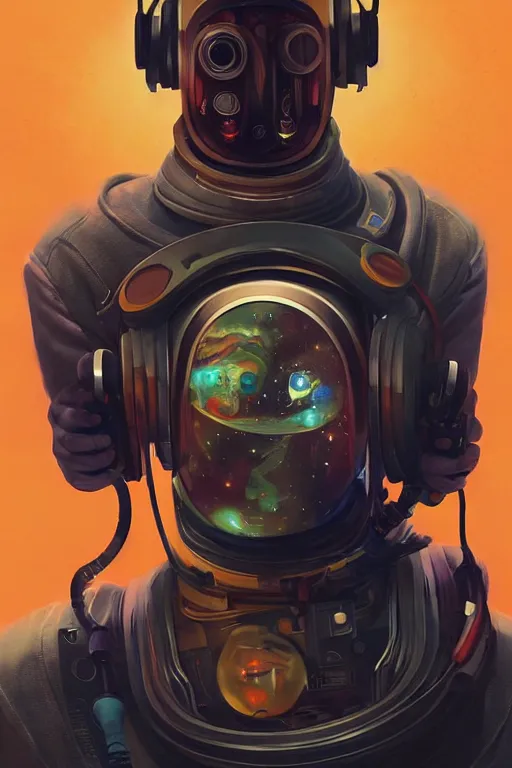 Image similar to a poster design of a close portrait faceless cyberpunk astronaut wearing headphones in space, universe, cyberpunk, warm color, Highly detailed labeled, poster, peter mohrbacher, featured on Artstation