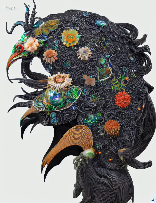 Prompt: 3 d goddess close - up profile solarpunk portrait ram skull. beautiful intricately detailed japanese crow kitsune mask and clasical japanese kimono. betta fish, jellyfish phoenix, bio luminescent, plasma, ice, water, wind, creature, artwork by tooth wu and wlop and beeple and greg rutkowski