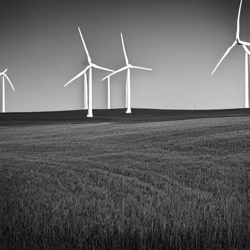 Prompt: a mecha made out of modern wind turbines stalking over a field in the countryside, black and white, rainy texture