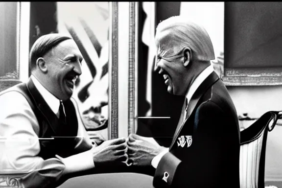 Image similar to “ very very intricate photorealistic photo of hitler and joe biden laughing together, detailed natural lighting, award - winning crisp details ”