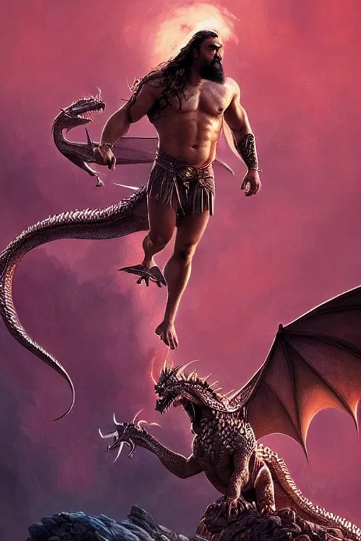 Image similar to beautiful, ethereal khal drogo ( jason momoa ) riding a dragon, intricate art deco dragon designs, elegant, highly detailed burning background, sharp focus, game of thrones art by artgerm and beeple and greg rutkowski and wlop