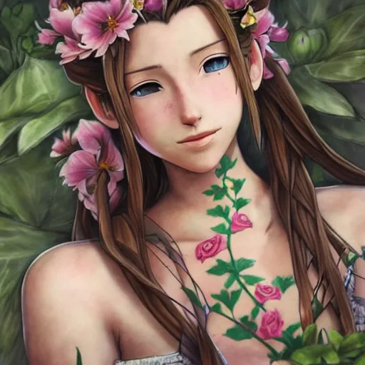 Image similar to concept art of aerith gainsborough with tattoos, amongst flowers, high quality, detailed, trending on artstartion