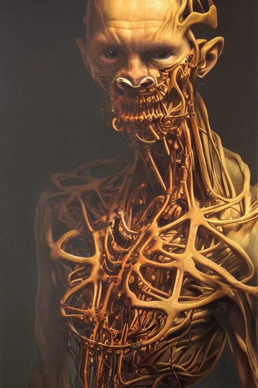 Prompt: beautiful oil painting portrait of biomechanical man face connected to the machine by wayne barlowe, rembrandt, complex, stunning, realistic skin color, 4 k, high res, awardwinning, masterpiece, realistic lighting