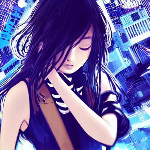 Image similar to Frequency indie album cover, luxury advertisement, blue filter, blue and black colors. Clean and detailed post-cyberpunk sci-fi close-up schoolgirl in asian city in style of cytus and deemo, blue flame, relaxing, calm and mysterious vibes, by Tsutomu Nihei, by Yoshitoshi ABe, by Ilya Kuvshinov, by Greg Tocchini, nier:automata, set in half-life 2, Matrix, GITS, Blade Runner, Neotokyo Source, Syndicate(2012), dynamic composition, beautiful with eerie vibes, very inspirational, very stylish, with gradients, surrealistic, dystopia, postapocalyptic vibes, depth of field, mist, rich cinematic atmosphere, perfect digital art, mystical journey in strange world, beautiful dramatic dark moody tones and studio lighting, shadows, bastion game, arthouse