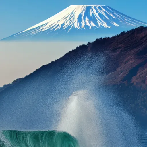 Prompt: Photo of a Giant Wave with mount fuji in the background, wave larger than mount fuji, mount fuji in the distance, highly detailed