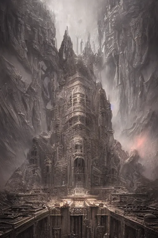 Image similar to sci - fi concrete alien eldritch demonic baroque rococo gothic architecture in hell, babylonian, ziggurat, zaha hadid, beksinski, wayne barlowe, oil painting, photoreal, highly detailed, 8 k, hd, vray, artstation, cinematic matte painting, extreme detail photo quality, sunset, featured on behance