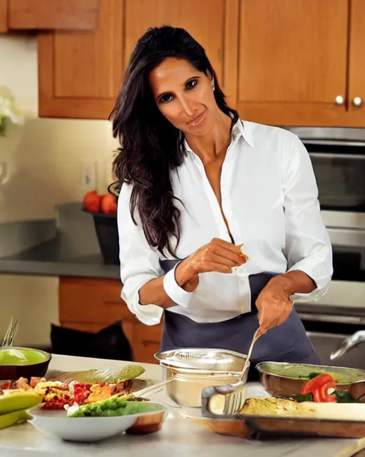 Prompt: photoshoot of model padma lakshmi cooking a meal, 8 k, photorealistic