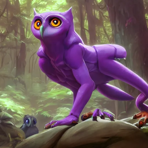 Prompt: concept art painting of an anthropomorphic purple creature with reptile and owl features, in the deep forest, realistic, detailed, cel shaded, in the style of makoto shinkai and greg rutkowski and james gurney