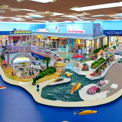 Prompt: A diorama of a shopping center in the middle of the sea
