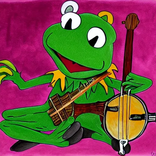 Prompt: kermit the frog playing banjo painted by gerard way