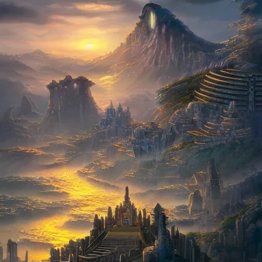 Prompt: detailed fantasy art on artstation, Utopia, sunrise over the perfect city-state, a city blending high-tech and natural beauty, fusion of Japanese and Greek architecture, vibrant, futuristic and utopian architecture