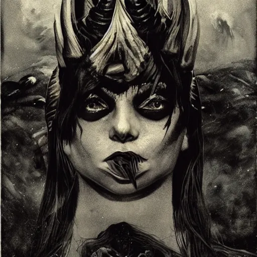 Image similar to portrait of a scandinavian holy undead witch female with animal horns, satanic brothers grim by anato finnstark kvlt by peder balke by peder balke by greg rutkowski, by guido crepax by norman bluhm mystic high contrast monochromatic noir