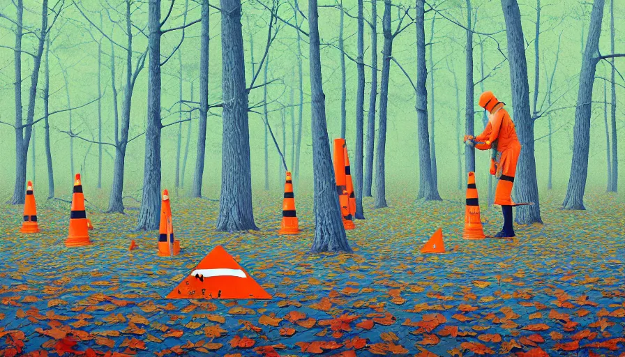 Image similar to safety cones scattered around an oak tree forest, checkered forest floor, by james jean by ilya kuvshinov kintsugi, hyper detailed surrealist painting