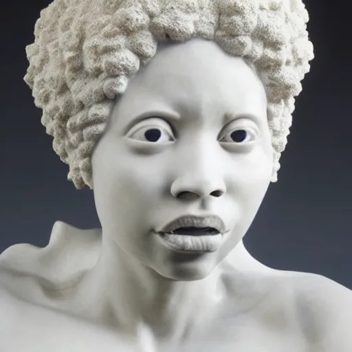 Image similar to a photorealistic all white marble sculpture of a black girl with a white afro crying