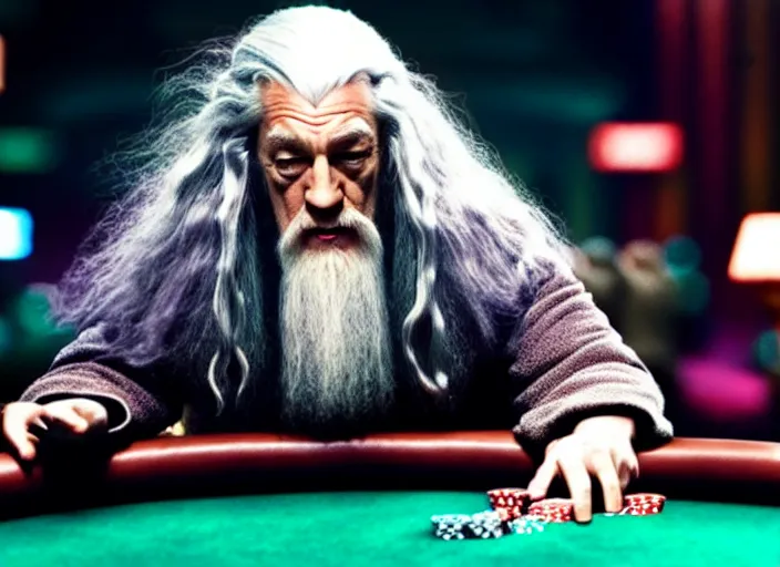 Image similar to film still of gandalf gambling in a casino in new lord of the rings movie, 8 k