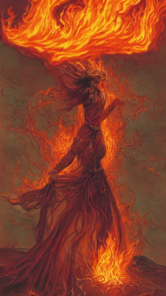 Prompt: a woman made of roiling flames, clothed in roiling flames, by darrell k. sweet