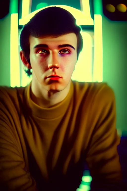 Image similar to an ultra high definition telephoto portrait cyberpunk 7 0 s diner film set photograph of a young man with short messy brown hair triangle head puffy cheeks narrow chin high cheek bones confused expression. wide angle close up. three point lighting. volumetric. refraction. imagined detail. soft focus ambient light sources. haze, light glare, art directed. filmic.