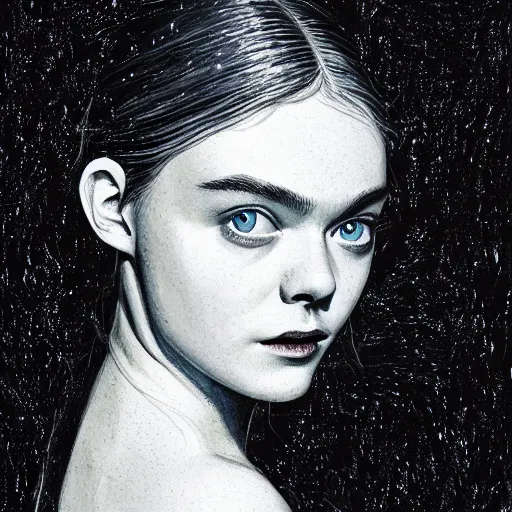 Prompt: professional painting of Elle Fanning in the style of the movie Shape of Water, head and shoulders portrait, symmetrical facial features, smooth, sharp focus, illustration, intricate, stormy weather, extremely detailed masterpiece,