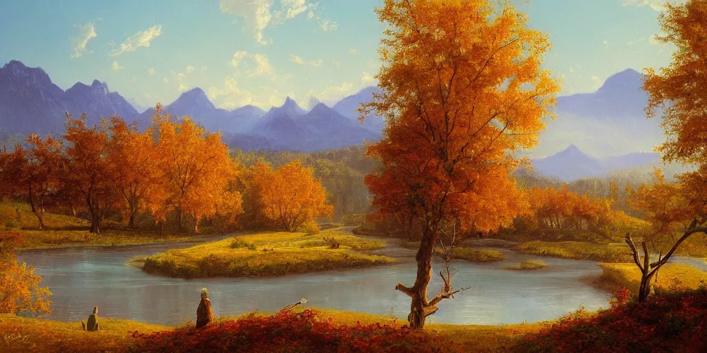 Image similar to A painting of winery in autumn, with a river winding through them. In the distance, there are mountains. by bob ross, Albert Bierstadt, immaculate scale, hyper-realistic, trending on Artstation, 8k, detailed, atmospheric, immaculate