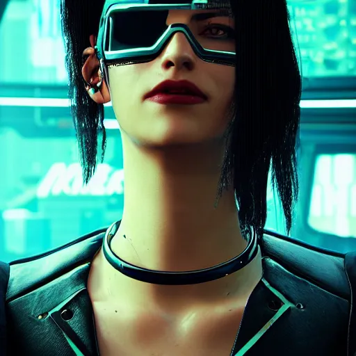 Image similar to female V from Cyberpunk 2077 wearing spiked steel choker, steel collar, steel choker, punk, steel collar, 4K, realistic, spiked collar, portrait, art, beautiful,