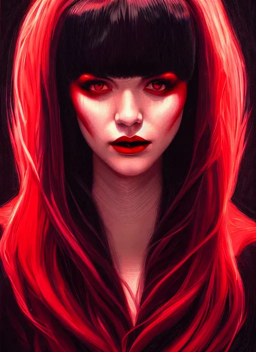 Image similar to portrait of vampire veronica lodge with bangs, vampire fangs, vampire, long hair, red clothes, bangs, vampironica, intricate, elegant, glowing lights, highly detailed, digital painting, artstation, concept art, smooth, sharp focus, illustration, art by wlop, mars ravelo and greg rutkowski