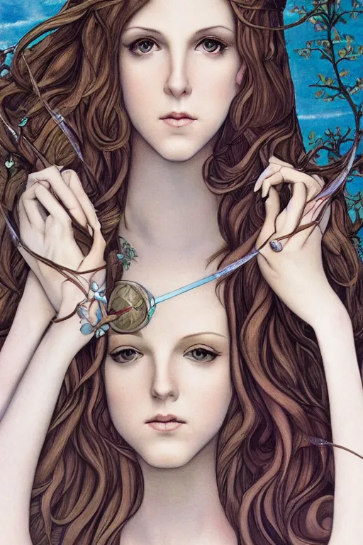 Image similar to dream goddess who looks like anna kendrick, in a mixed style of Botticelli and Æon Flux, inspired by pre-raphaelite paintings and shoujo manga, amazing detail, stunning lines, flat colors, 4K photorealistic