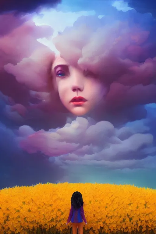 Image similar to closeup giant dahlia flower under head, girl standing on mountain, surreal photography, blue storm clouds, dramatic light, impressionist painting, digital painting, artstation, simon stalenhag