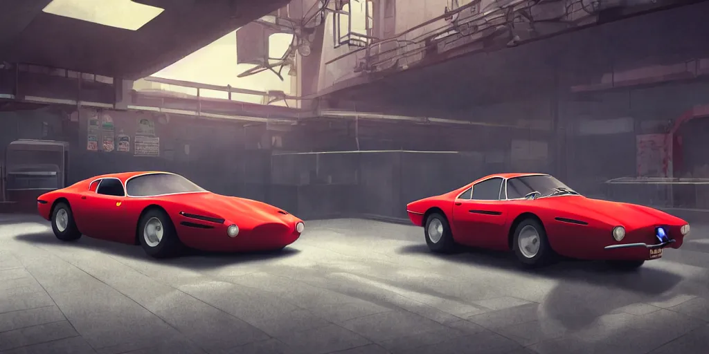 Image similar to a wholesome animation key shot of a focused old ferrari car parked in an multi-storey car park, medium shot, waist up, studio Ghibli, Pixar and Disney animation, sharp, very detailed, high resolution, Rendered in Unreal Engine 5, anime key art by Greg Rutkowski, Bloom, dramatic lighting