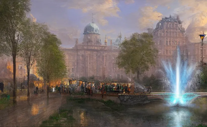 Image similar to An urban train rides inside of a waterway on a fantasy city, next to a fountain and a mystical palace. By Konstantin Razumov, Fractal flame, chiaroscuro, highly detailded