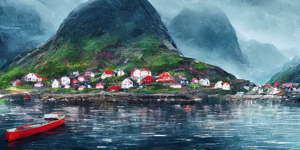 Image similar to a small fishing village nestled in the fjords of norway by alena aenami, petros afshar speedart