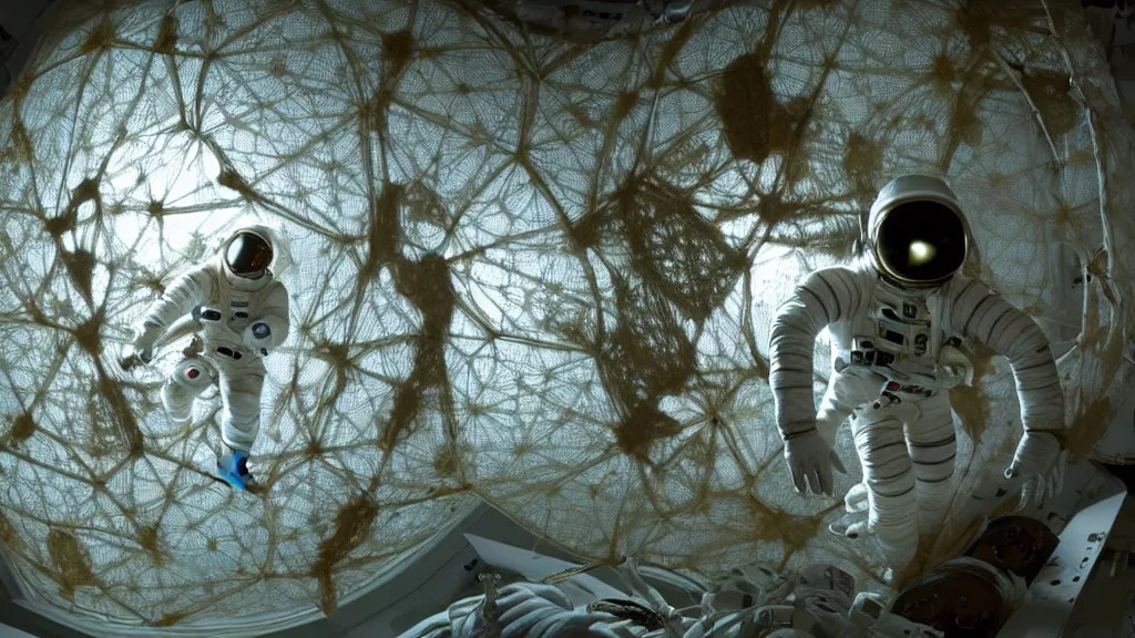 Image similar to a single astronaut eva suit made of diamond 3d fractal lace iridescent bubble 3d skin and covered with insectoid compound eye camera lenses floats through the living room, film still from the movie directed by Denis Villeneuve with art direction by Salvador Dalí, wide lens,