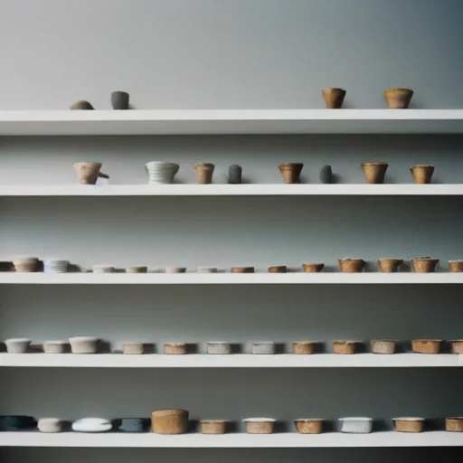 Image similar to 3 empty shelves on a light grey wall, Off-White, realistictic, color film photography by Tlyer Mitchell, 35 mm, graflex