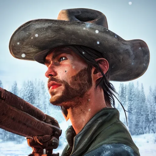 Image similar to A comic book style portrait painting of a male ranger with cowboy hat in a a post apocalyptic winter landscape, unreal 5, DAZ, hyperrealistic, octane render, RPG portrait, ambient light, dynamic lighting