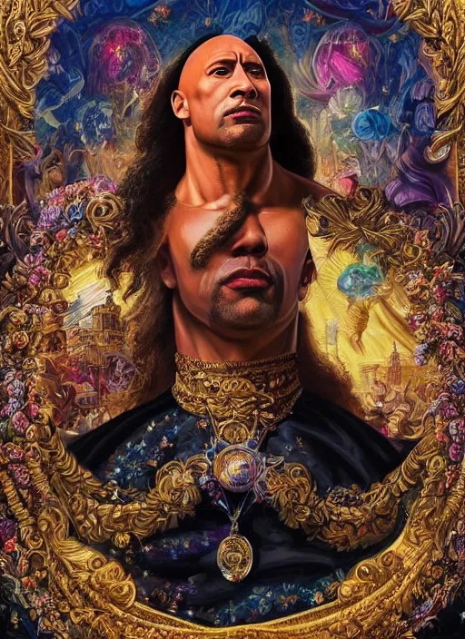 Prompt: beautiful oil painting, full length portrait of Dwayne the rock Johnson as Louis xiv in coronation robes 1701, Dan Mumford, Dan Mumford, Alex grey, highly detailed , dmt fractal patterns, hallucinogen, visionary art, psychedelic art, ornate, vaporwave